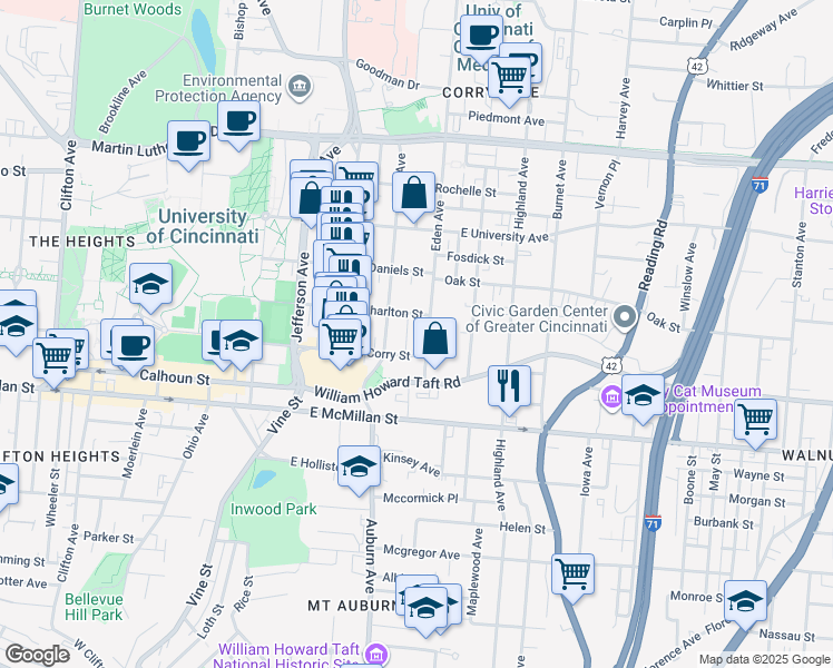 map of restaurants, bars, coffee shops, grocery stores, and more near 114 East Corry Street in Cincinnati