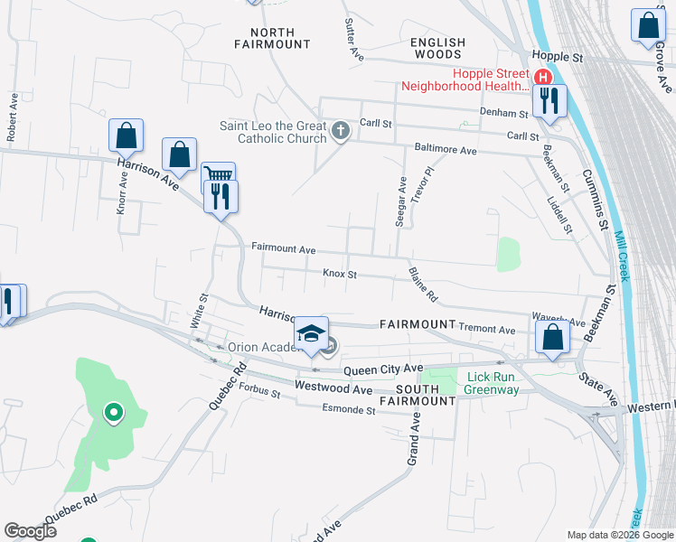 map of restaurants, bars, coffee shops, grocery stores, and more near 1841 Knox Street in Cincinnati