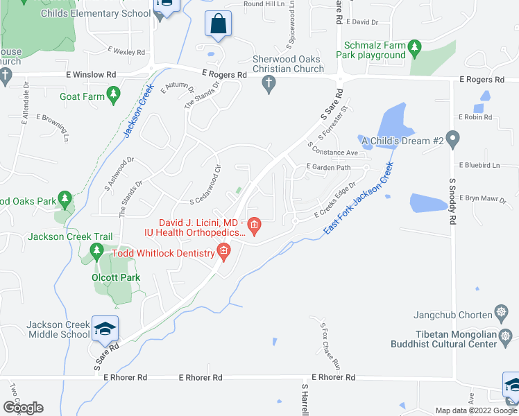 map of restaurants, bars, coffee shops, grocery stores, and more near 3541 South Oaklawn Circle in Bloomington