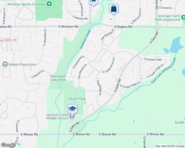 map of restaurants, bars, coffee shops, grocery stores, and more near 2420 East Cedarwood Drive in Bloomington