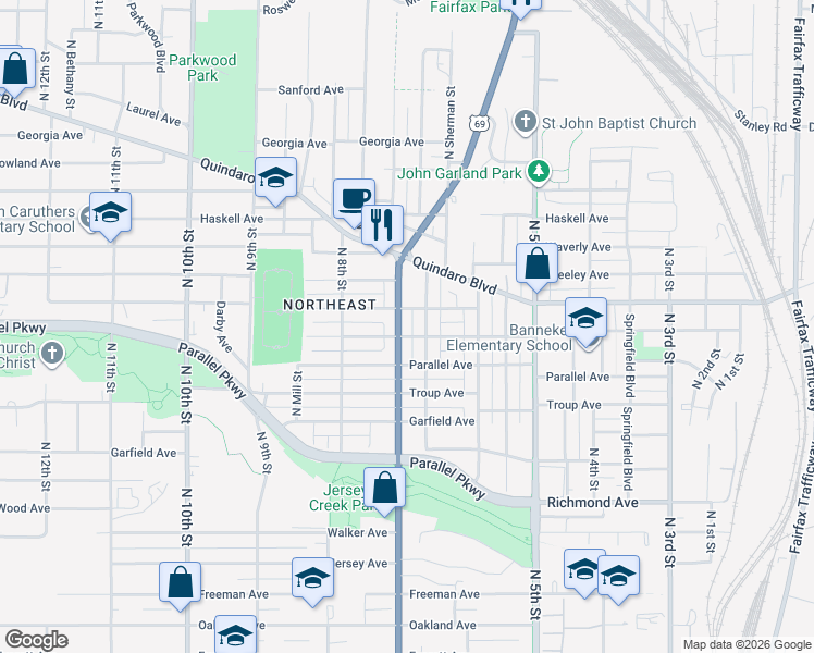 map of restaurants, bars, coffee shops, grocery stores, and more near 2036 North Tremont Street in Kansas City