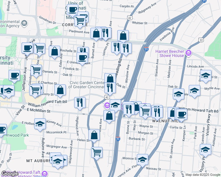 map of restaurants, bars, coffee shops, grocery stores, and more near 2715 Reading Road in Cincinnati