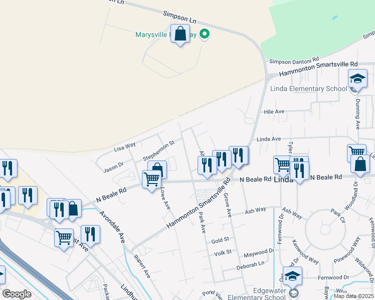 map of restaurants, bars, coffee shops, grocery stores, and more near 6065 Park Avenue in Marysville