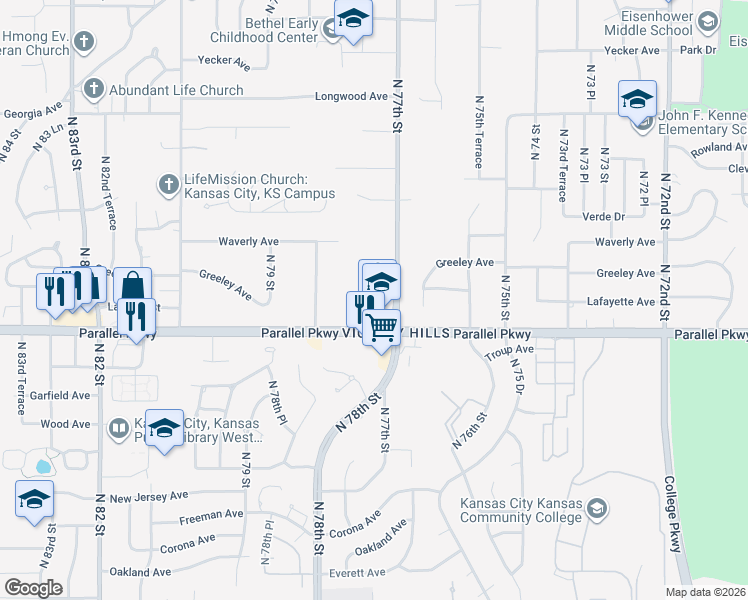 map of restaurants, bars, coffee shops, grocery stores, and more near 2015 North 77th Terrace in Kansas City