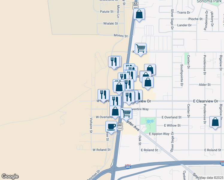 map of restaurants, bars, coffee shops, grocery stores, and more near 288 West Clearview Drive in Carson City