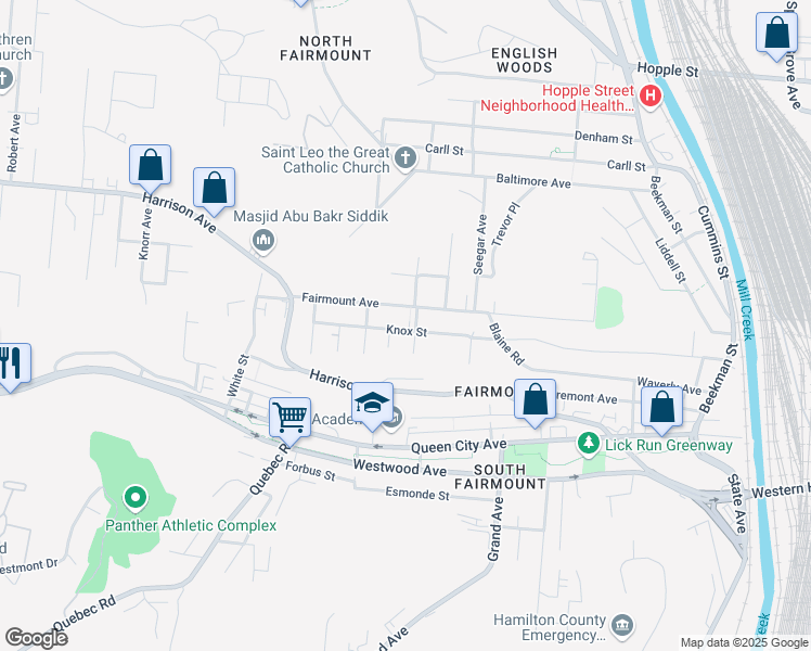 map of restaurants, bars, coffee shops, grocery stores, and more near 1841 Knox Street in Cincinnati