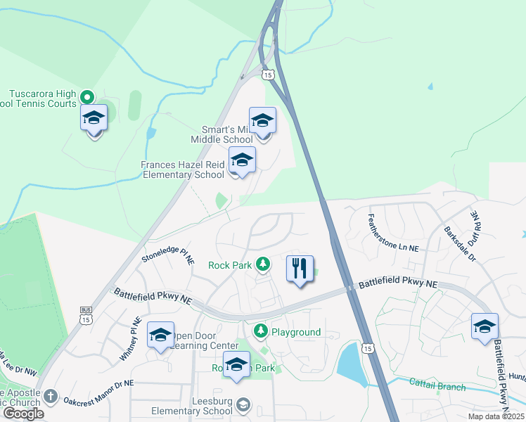 map of restaurants, bars, coffee shops, grocery stores, and more near 825 Catoctin Circle Northeast in Leesburg
