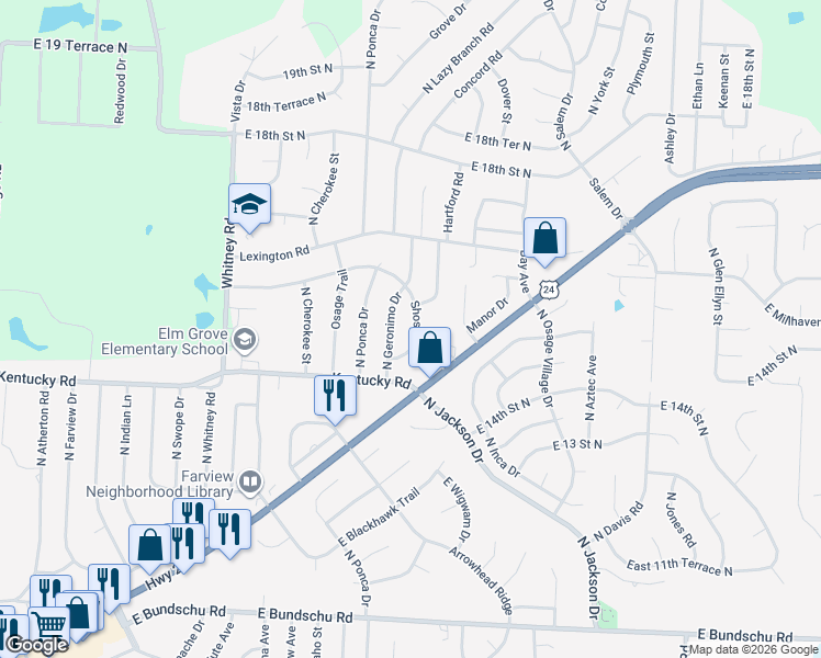 map of restaurants, bars, coffee shops, grocery stores, and more near 18606 East 14 Terrace in Independence