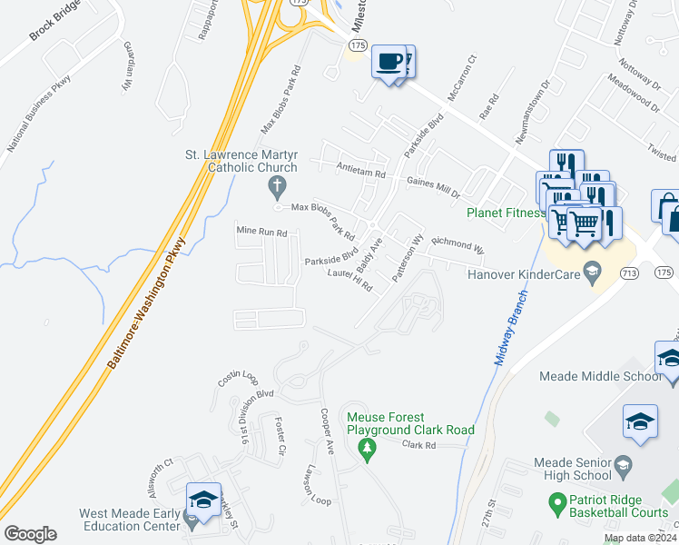 map of restaurants, bars, coffee shops, grocery stores, and more near 3201 Laurel Hill Rd in Hanover