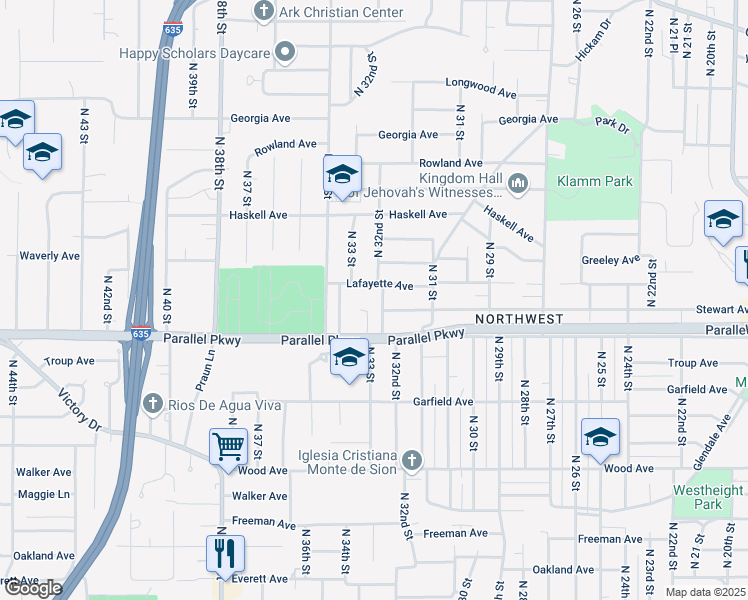 map of restaurants, bars, coffee shops, grocery stores, and more near 2026 North 32nd Street in Kansas City