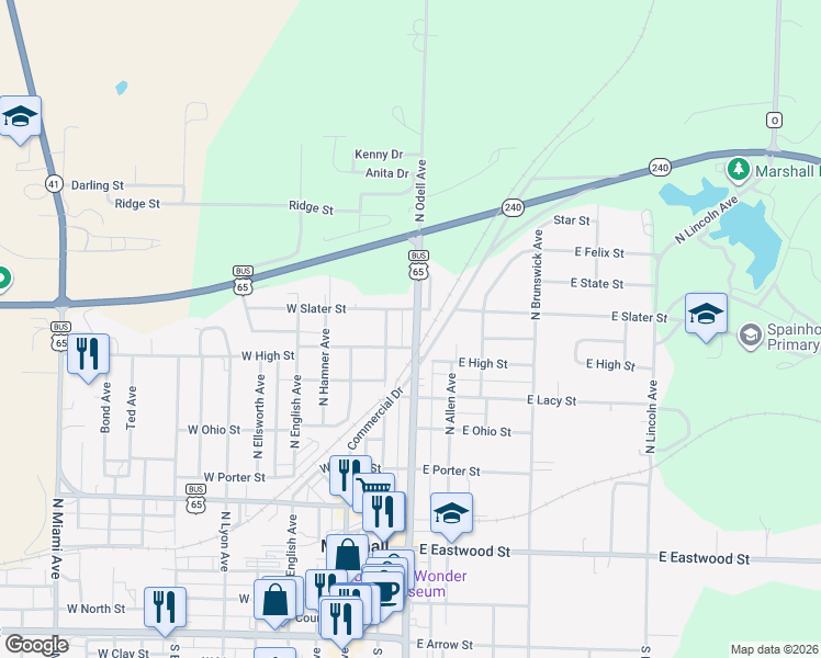 map of restaurants, bars, coffee shops, grocery stores, and more near 154-178 East High Street in Marshall