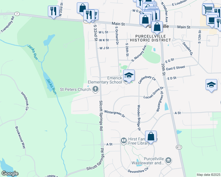 map of restaurants, bars, coffee shops, grocery stores, and more near 527 Rugby Court in Purcellville