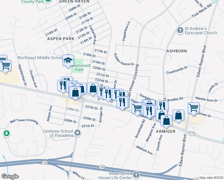 map of restaurants, bars, coffee shops, grocery stores, and more near 770 224th Street in Pasadena