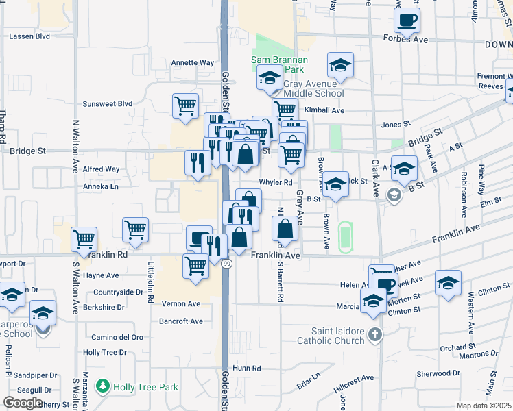 map of restaurants, bars, coffee shops, grocery stores, and more near 385 North Lawrence Avenue in Yuba City