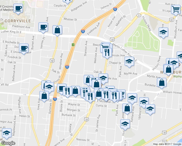 map of restaurants, bars, coffee shops, grocery stores, and more near 2637 Melrose Avenue in Cincinnati