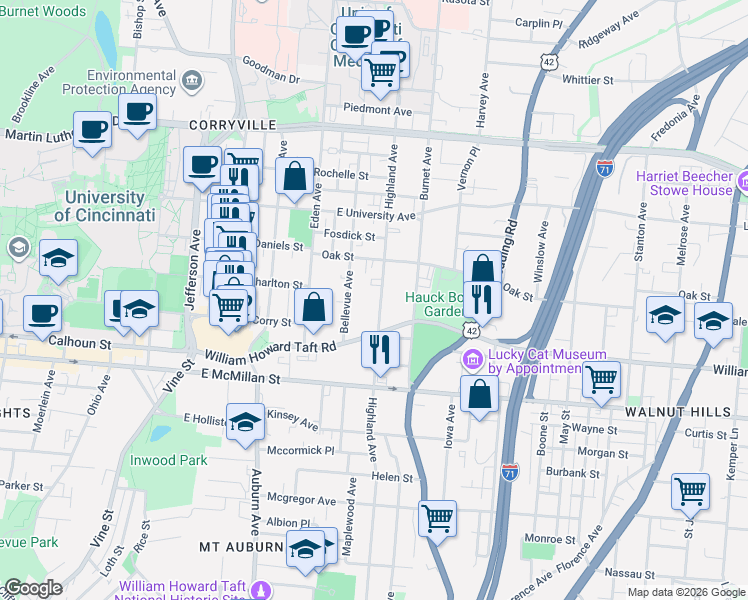 map of restaurants, bars, coffee shops, grocery stores, and more near 250 William Howard Taft Road in Cincinnati