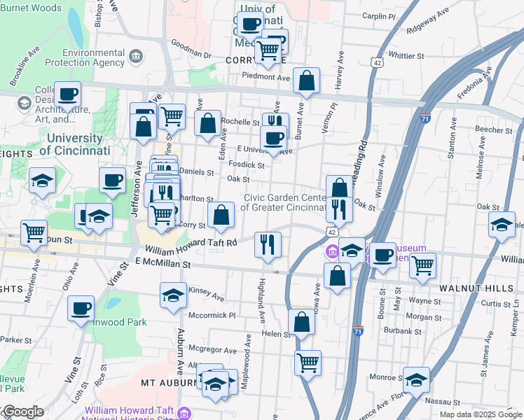 map of restaurants, bars, coffee shops, grocery stores, and more near 250 William Howard Taft Road in Cincinnati