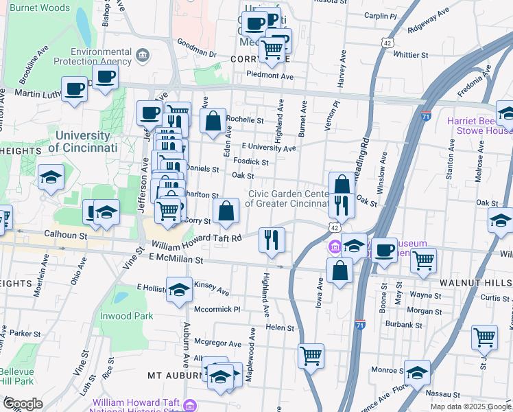 map of restaurants, bars, coffee shops, grocery stores, and more near 250 William Howard Taft Road in Cincinnati