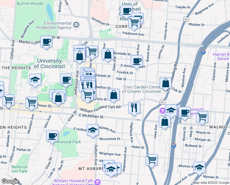map of restaurants, bars, coffee shops, grocery stores, and more near 2607 Bellevue Avenue in Cincinnati