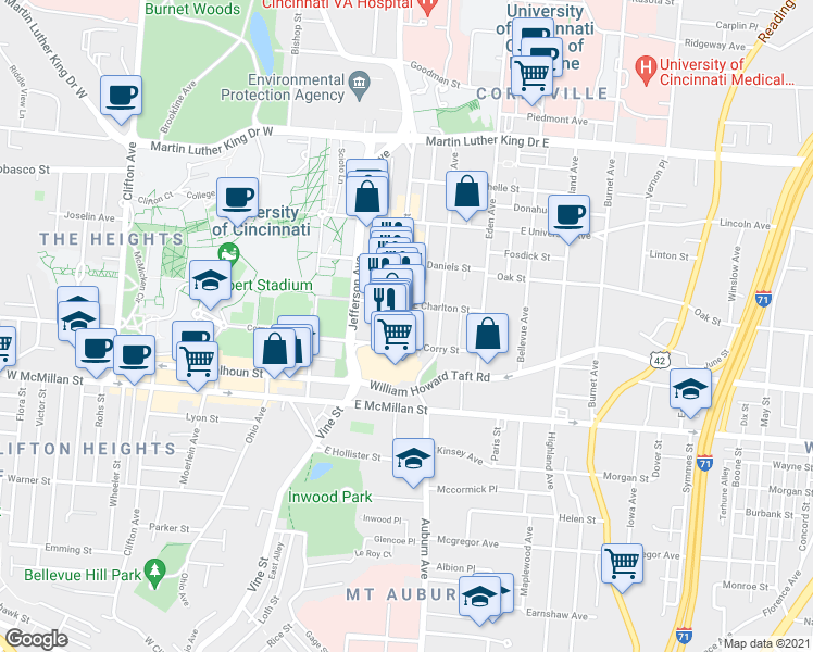 map of restaurants, bars, coffee shops, grocery stores, and more near 21 East Corry Street in Cincinnati