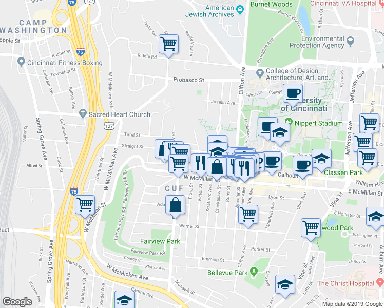 map of restaurants, bars, coffee shops, grocery stores, and more near in Cincinnati