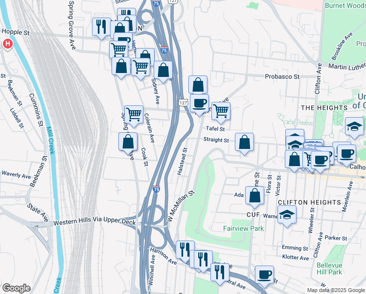 map of restaurants, bars, coffee shops, grocery stores, and more near 2606 Central Parkway in Cincinnati