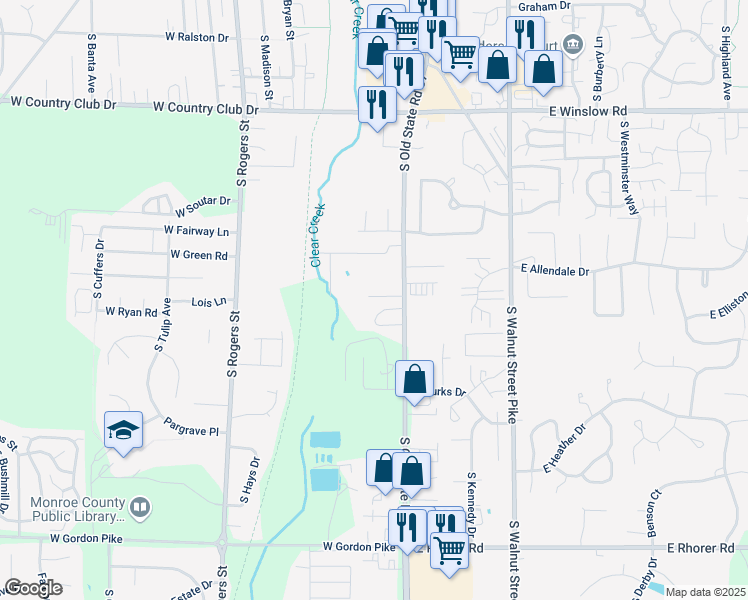 map of restaurants, bars, coffee shops, grocery stores, and more near 3160 South Walnut Street in Bloomington