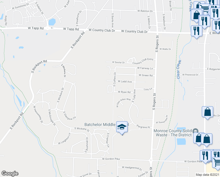 map of restaurants, bars, coffee shops, grocery stores, and more near 3144 South Cuffers Drive in Bloomington
