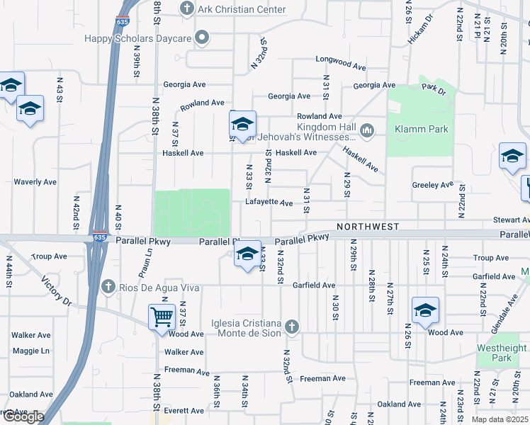 map of restaurants, bars, coffee shops, grocery stores, and more near 2026 North 32nd Street in Kansas City