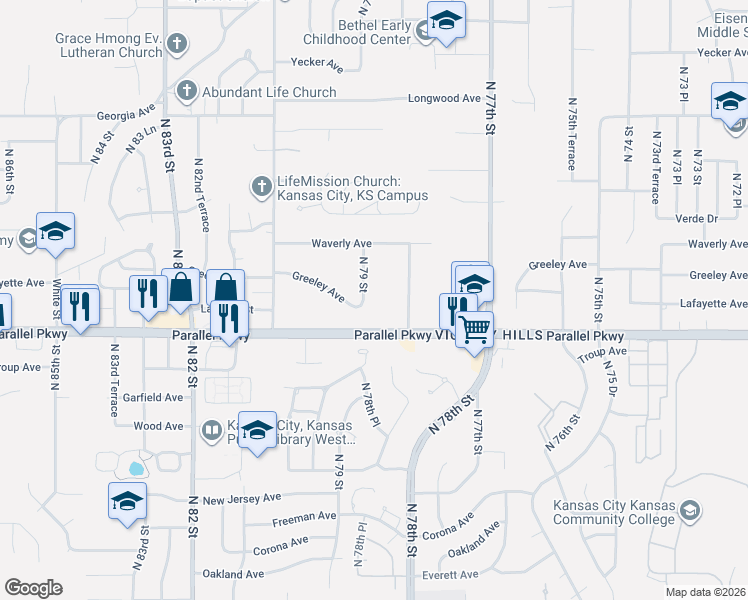 map of restaurants, bars, coffee shops, grocery stores, and more near 7915 Greeley Avenue in Kansas City