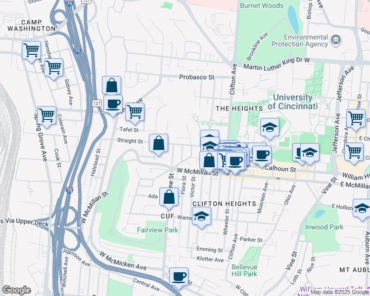 map of restaurants, bars, coffee shops, grocery stores, and more near 2554 Vestry Avenue in Cincinnati