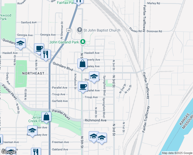 map of restaurants, bars, coffee shops, grocery stores, and more near 2051 North 4th Street in Kansas City