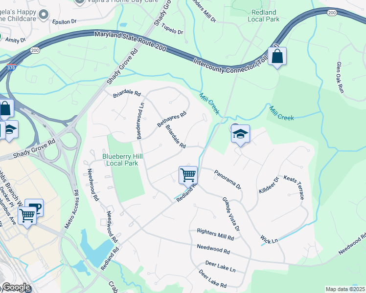 map of restaurants, bars, coffee shops, grocery stores, and more near 16698 Frontenac Terrace in Derwood