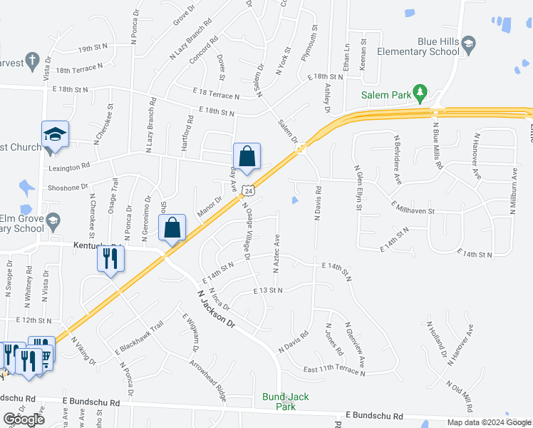 map of restaurants, bars, coffee shops, grocery stores, and more near 19212 East 15th Street North in Independence