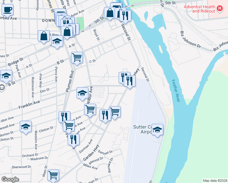 map of restaurants, bars, coffee shops, grocery stores, and more near 170 Dorman Avenue in Yuba City