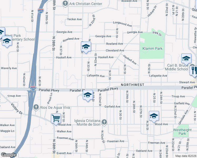 map of restaurants, bars, coffee shops, grocery stores, and more near 3150 Lafayette Avenue in Kansas City
