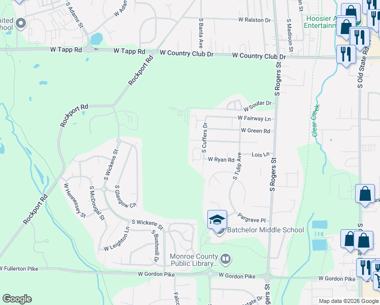 map of restaurants, bars, coffee shops, grocery stores, and more near 725 West Ladd Avenue in Bloomington