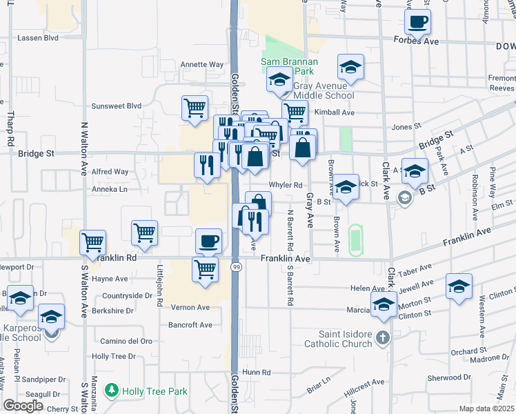 map of restaurants, bars, coffee shops, grocery stores, and more near 1280 B Street in Yuba City