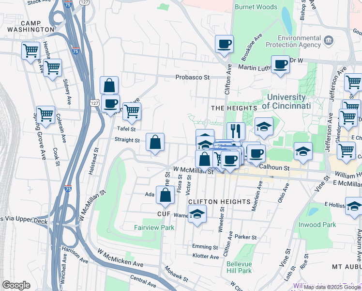 map of restaurants, bars, coffee shops, grocery stores, and more near 522 Fortune Avenue in Cincinnati