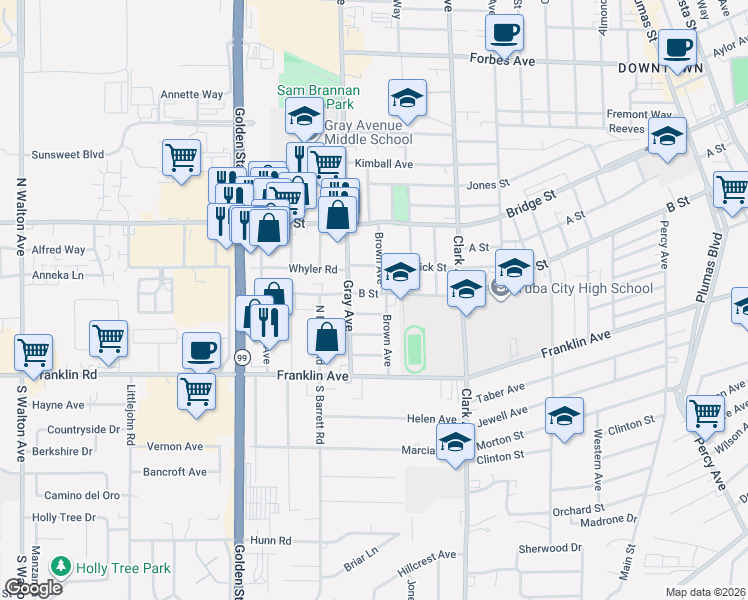 map of restaurants, bars, coffee shops, grocery stores, and more near 564 Brown Avenue in Yuba City