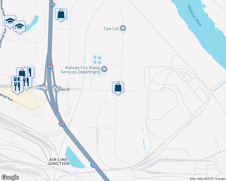 map of restaurants, bars, coffee shops, grocery stores, and more near 7756 Front Street in Kansas City