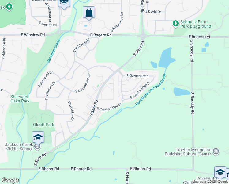 map of restaurants, bars, coffee shops, grocery stores, and more near 3421 South Oaklawn Circle in Bloomington
