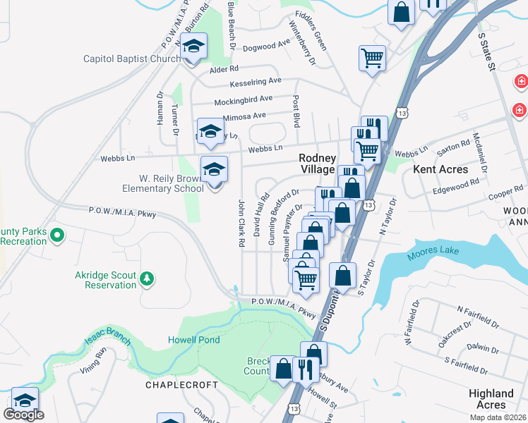 map of restaurants, bars, coffee shops, grocery stores, and more near 285 David Hall Road in Dover