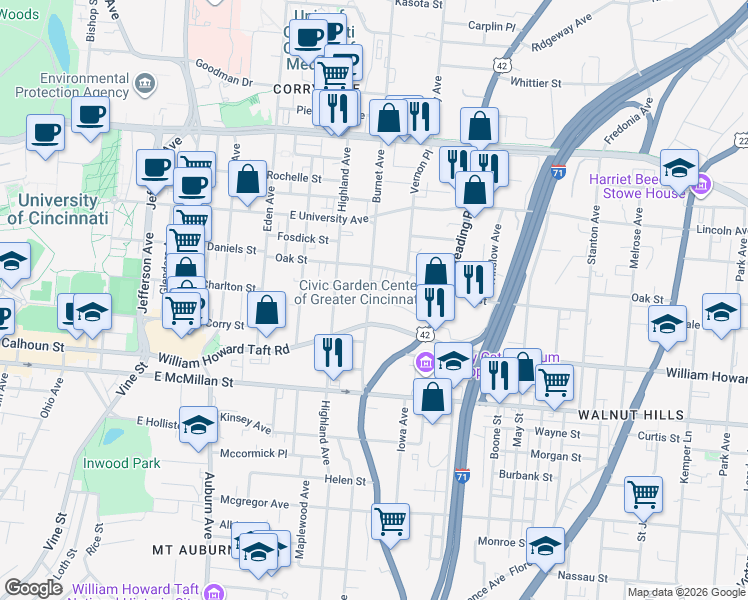 map of restaurants, bars, coffee shops, grocery stores, and more near 411 Oak Street in Cincinnati
