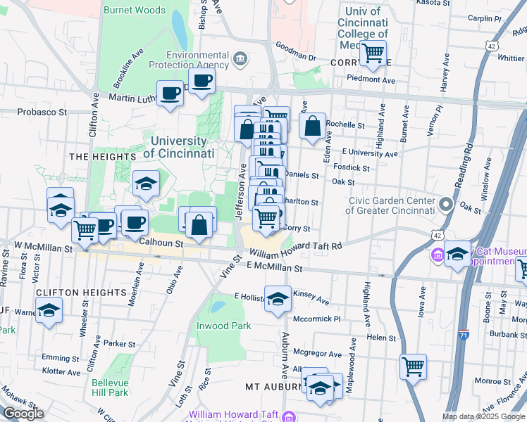 map of restaurants, bars, coffee shops, grocery stores, and more near 21 West Charlton Street in Cincinnati