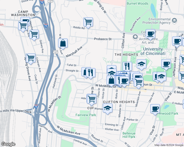 map of restaurants, bars, coffee shops, grocery stores, and more near 522 Fortune Avenue in Cincinnati