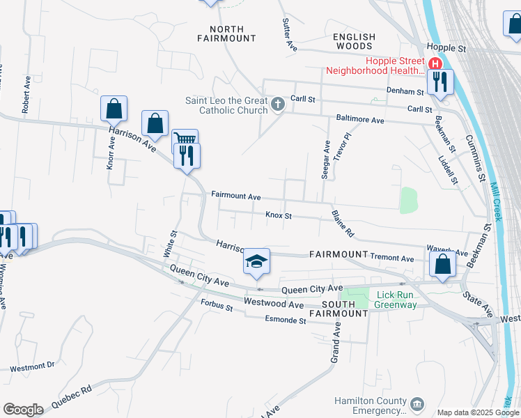 map of restaurants, bars, coffee shops, grocery stores, and more near 1878 Fairmount Avenue in Cincinnati