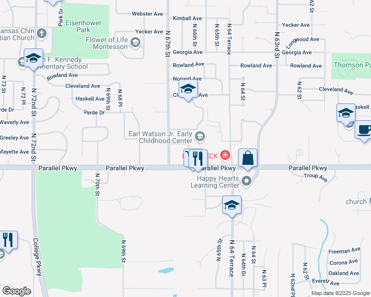 map of restaurants, bars, coffee shops, grocery stores, and more near 6638 Greeley Avenue in Kansas City
