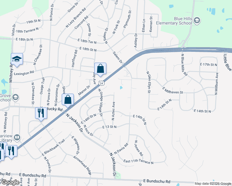 map of restaurants, bars, coffee shops, grocery stores, and more near 19333 East US Highway 24 in Independence