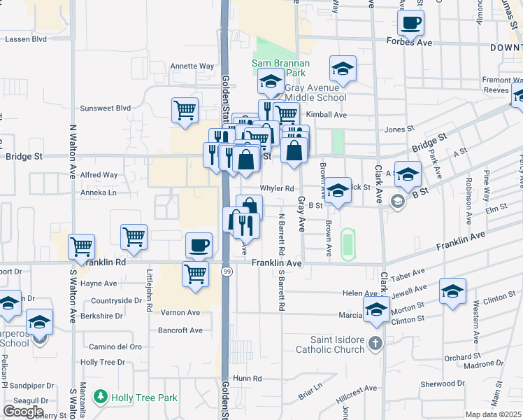 map of restaurants, bars, coffee shops, grocery stores, and more near 1200 B Street in Yuba City